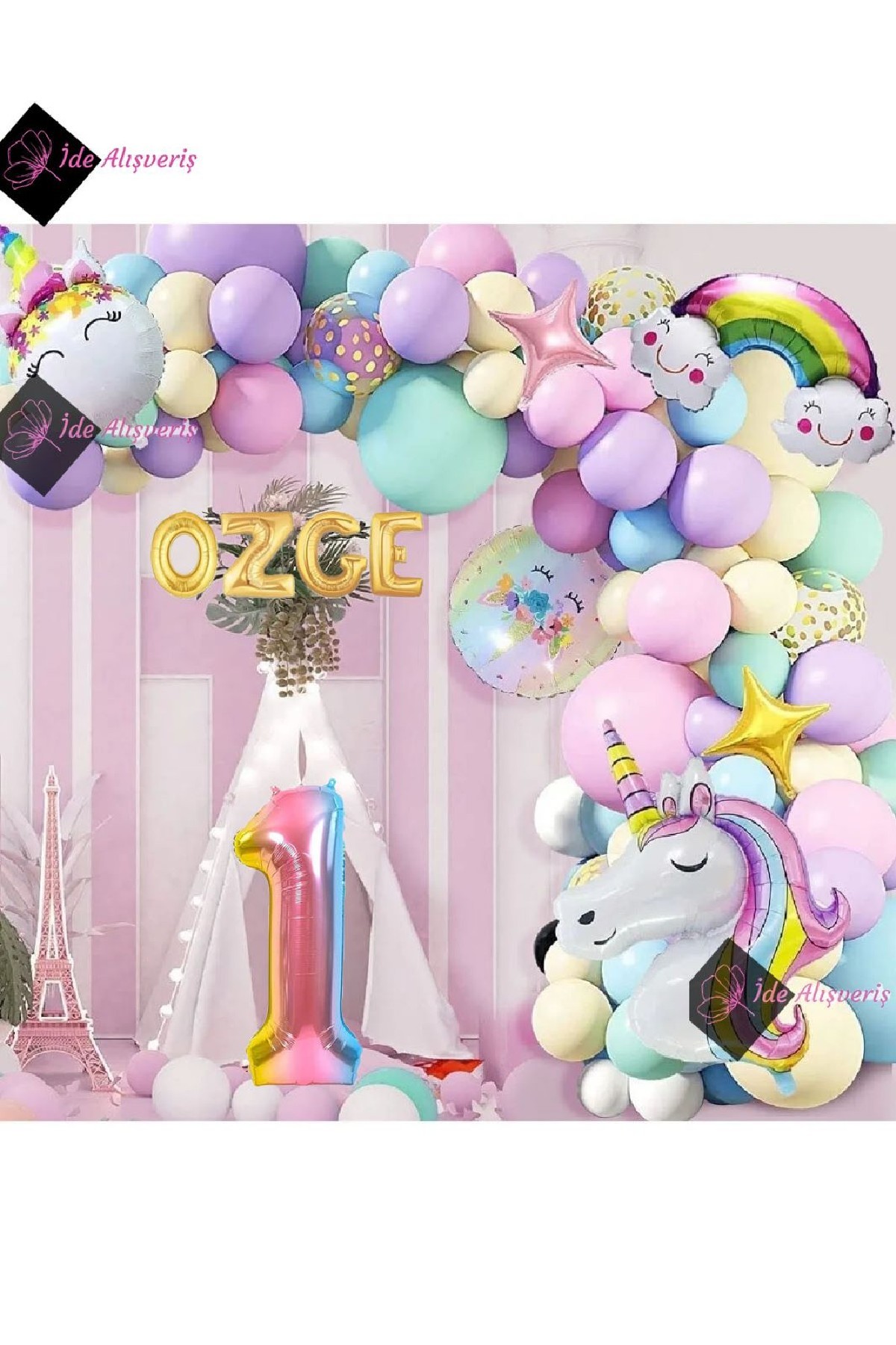 4 harfli Yaş Balonlu Gökkuşağı Konsepti Unicorn Temalı Makaron Balon Doğum Günü Parti Kutlama Seti